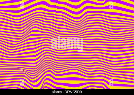 Abstrakter lebendiger Hintergrund mit verzerrten Wellenlinien in leuchtendem Gelb und lebhaftem Lila. Dieses kontrastreiche psychedelische Muster erzeugt einen Stockfoto