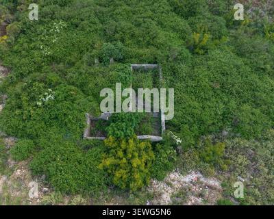 Blick aus der Vogelperspektive auf Steinruinen, die mit dichter grüner Vegetation und Bäumen bewachsen sind, in der Landschaft von Himare, Vlore County, Albanien. Stockfoto