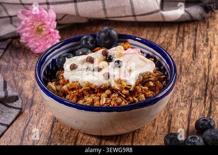 Keramikschale gefüllt mit Müsli, cremigem Joghurt, frischen Heidelbeeren und Schokoladentropfen. Rustikale Holzoberfläche mit rosafarbenem, kariertem Tuch. Warmes Natu Stockfoto