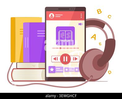 Online-Audiobuchanwendung auf Smartphone, verbunden mit Kopfhörern für Online-Schulungen, E-Learning und Podcast-Konzeptabbildung Stock Vektor