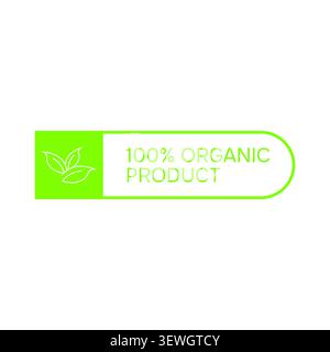 Eine saubere, abgerundete, rechteckige Vektor-Badge-Vorlage mit zweiblättrigem Umrisssymbol und 100 % Bio-Produkttext, perfekt für Naturkosmetik oder Kräuter Stock Vektor