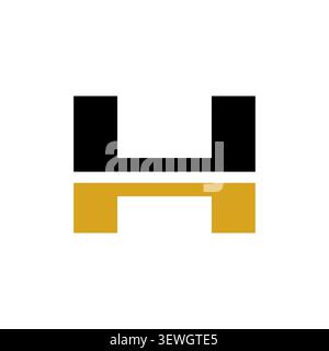 Eine klare und moderne Firmenlogovorlage mit einem geometrischen Buchstaben H, der horizontal in dunkelblaue und goldene Blöcke unterteilt ist. Stock Vektor