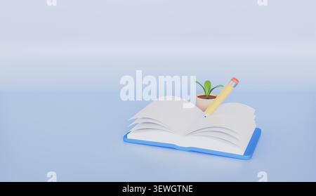 Offenes Buch mit leeren Seiten, Bildung und Idee, Bleistiftschrift und Pflanze auf hellem Hintergrund Stockfoto