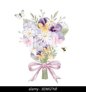 Aquarellsichel-Bouquet von Bratschenblüten, Blättern und Beeren Stockfoto