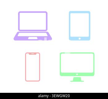 Modellsymbole für Geräte mit Umrissen für Laptops, Smartphones, Tablets und Desktop-Computer für responsive UI-, Web- und App-Design-Vektoren Stock Vektor