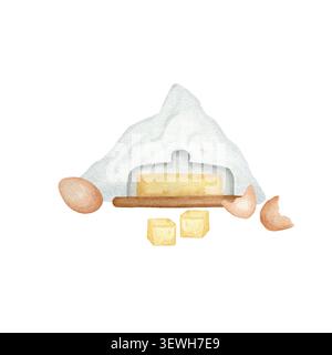 Handgezeichnete Aquarellillustration Butterdose, Butterwürfel, Eier und Mehlhaufen. Backzutatenkomposition isoliert auf weißem Hintergrund. Stockfoto