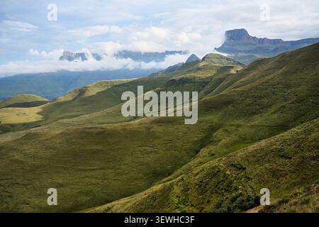 Schneebedeckter Gipfel über weitläufige, üppige Felder mit trüben Wolken Stockfoto