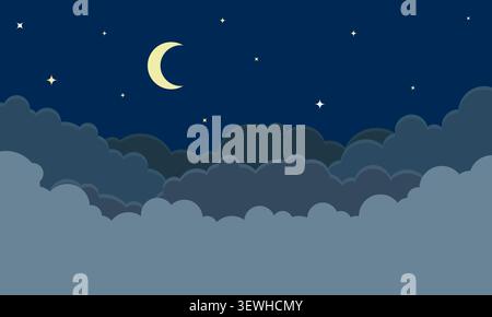 Minimalistisches Cartoon Night Cloudscape mit Mond und Sternen Stock Vektor