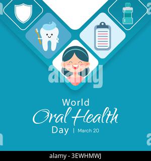 Der World Oral Health Day findet jährlich am 20. März statt, einer einjährigen Kampagne, die sich der Sensibilisierung für die Themen rund um die Mundgesundheit widmet Stock Vektor