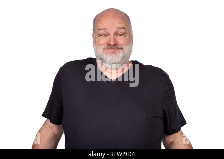 Bärtiger Mann mittleren Alters, der den Atem hält, isoliert auf weißem Hintergrundporträt Stockfoto