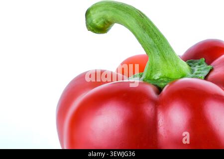 Rote Paprika-Spitze mit grünem Stiel nah oben isoliert Stockfoto