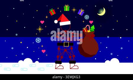 Abstrakte geometrische weihnachtsmann-Figur mit Geschenktüte und Geschenken, festlicher Feiertagshintergrund mit Schneeflocken, Sternen, Herzen und einem Halbmond Stock Vektor