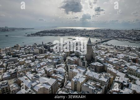 Ein Weitwinkelblick aus der Luft zeigt die schneebedeckten Dächer von Istanbuls Beyoglu-Viertel mit dem Galatenturm, dem Goldenen Horn und dem Bosporus Stockfoto