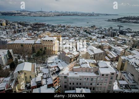 Ein Weitwinkelblick aus der Luft fängt Istanbuls historisches Viertel mit schneebedeckten Dächern, dem Bosporus und der fernen Stadtlandschaft auf a c ein Stockfoto