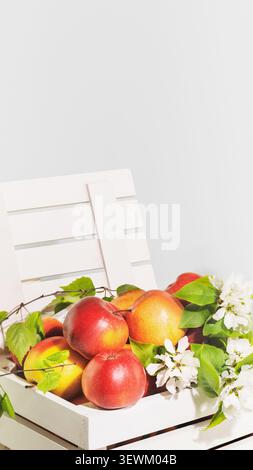 Frische Rote Äpfel In Der Weißen Holzkiste Mit Grünen Blättern Auf Hellem Hintergrund Stockfoto