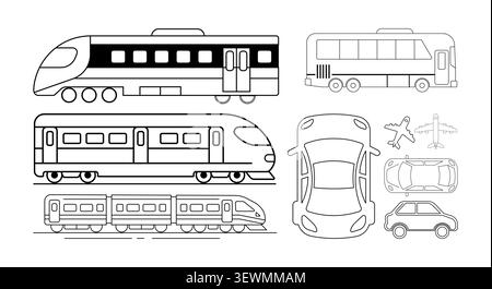 Set von Transportsymbolen mit Line Art Transportfahrzeugen Automobil Stock Vektor