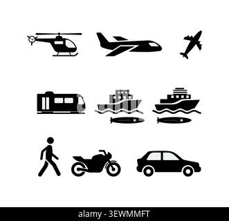 Sammlung von Transportsymbolen mit diversen Transport- und Sammlungsmöglichkeiten Stock Vektor