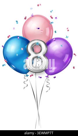 Ein lebhafter Blumenstrauß aus rosa, blauen und lila Ballons mit einem großen silbernen 8-Mittelstück, umgeben von Konfetti. Stock Vektor