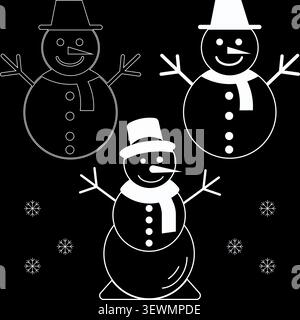 Drei stilvolle Schneemänner mit Hüten und Schals auf dunklem Hintergrund mit Wintersymbol Stock Vektor