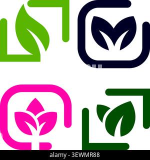 Vier bunte Blattsymbole in Rahmen, Natur-Logo-Set Stock Vektor