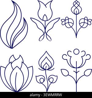 Blumenkunst-Ikonen, botanische Elemente, stilisierte Blumenkonturen Stock Vektor