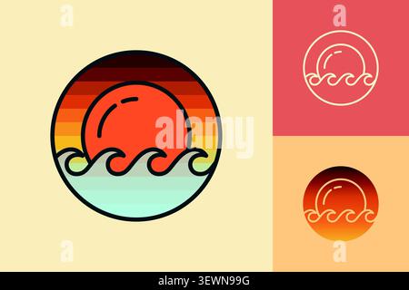 Ocean Sunset Waves Reiselogo im Retro-Stil für Sommerurlaube Stock Vektor