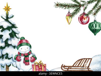 Weihnachtskarte mit einem Schneemann, einem Weihnachtsbaum, einem Schlitten, Geschenken und Dekorationen auf einem Weihnachtsbaumzweig. Handgezeichnete Aquarellillustration. Für Stockfoto