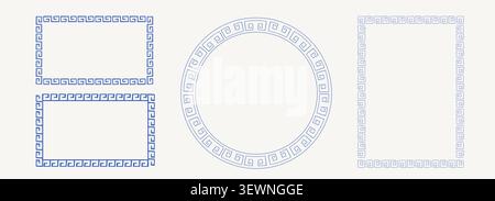 Griechische Schlüsselrahmen und -Rahmen. Handgezeichnetes Vintage-Buntstift-Ornament kritzeln. Wiederholtes geometrisches Motiv. Dekorative, antike Mäander. Elegante, isolierte blaue Ränder. . Vektorabbildung Stock Vektor