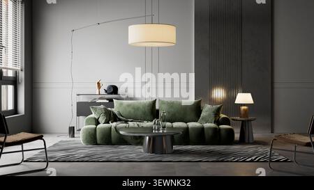 Helles, modernes Wohnzimmer mit luxuriösem, salbeigrünem Sofa, edlen Möbeln, grauen Texturen und klaren architektonischen Linien für ein hochwertiges Ambiente Stockfoto
