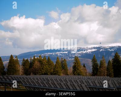 Solarpaneele sind in Reihen in einem Feld angeordnet, mit einer Kulisse aus schneebedeckten Bergen und grünen Kiefern unter einem teilweise bewölkten Himmel, die einen ru darstellen Stockfoto