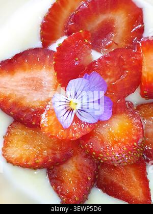 Frisch geschnittene Erdbeeren mit essbarer Violetblume aus nächster Nähe Stockfoto