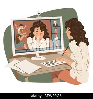 Vektor-Illustration einer Frau, die während eines Online-Videomeetings von zu Hause aus arbeitet, während ihre Familie versehentlich den Anruf unterbricht. Fernarbeit, Heim o Stock Vektor