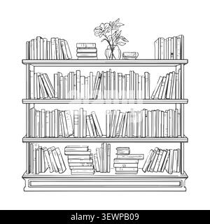 Bücherregal mit Büchern, Schwarzweiß-Skizze. Vektorabbildung. Das Bild des Bücherregals ist auf weißem Hintergrund isoliert Stock Vektor