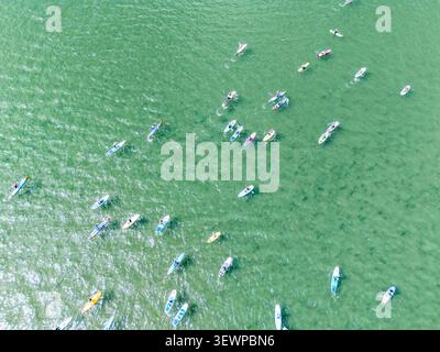 Torquay, Großbritannien. Juni 2026. Die Teilnehmer paddeln von Torre Abbey Sands während des SUP1000 Events beim SUPER Festival in Torquay. Über 200 Stand-Up-Paddleboarder gingen aufs Wasser, um einen neuen Weltrekord für das größte gleichzeitige SUP-Treffen zu schaffen. Starke Winde sorgten trotz des sonnigen Wetters für schwierige Bedingungen. Autor: Thomas Faull/Alamy Live News Stockfoto