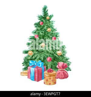 weihnachtsbaum in Wasserfarben mit farbenfrohen Geschenkboxen und festlichen Ornamenten. Handgezeichnete Winterferien-Illustration isoliert auf Elementhintergrund. Detai Stockfoto