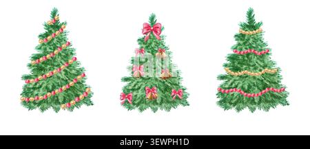 weihnachtsbaum in Aquarellfarben mit festlicher Schleife und Perlengirlande. Handgezeichnete Illustration für den Winterurlaub, isoliert auf Element Stockfoto