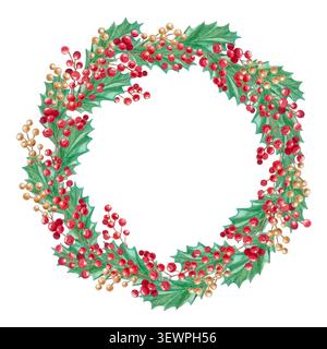 Aquarell-weihnachtskranz aus stechpalmenblättern mit roten und goldenen Beerenzweigen. Handgezeichneter festlicher Winterurlaub botanischer Kreis Rahmen isoliert o Stockfoto