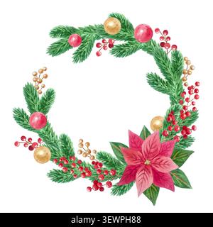 weihnachtskranz mit Weihnachtsstern, Tannenzweig und festlichem Ballschmuck. Handgezeichneter botanischer Winterurlaub-Rahmen isoliert auf Stockfoto