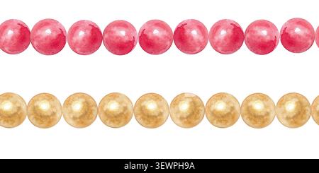 Nahtlose weihnachtskugel mit Wasserfarben in Rot und Gold. Handgezeichnete wiederholbare festliche Weihnachtsperlengirlande, isoliert auf weiß Stockfoto