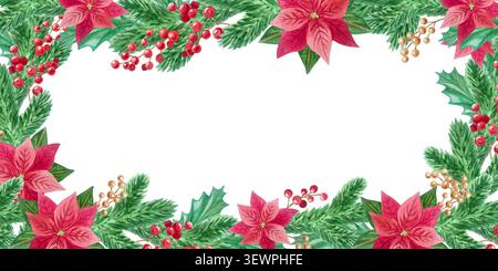 Weihnachtsgrußkartenrahmen in Aquarellfarben mit roten Weihnachtsstern, Winterbeeren, stechpalme und üppigen Tannenzweigen. Leere horizontale Feiertagstemperatur Stockfoto
