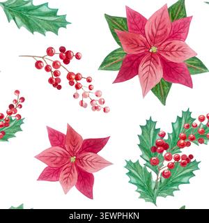 Aquarell weihnachten nahtloses Muster mit festlichem Weihnachtsfest Winter Weihnachtsstern Blume rote Beerenzweig Hintergrund. Handgezeichnetes stechpalmenblatt botanisches illustr Stockfoto