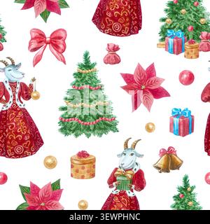 Nahtloses weihnachtsmuster mit festlichem weihnachtsbaum-Geschenkkarton. Handgezeichneter botanischer Weihnachtsstern-Illustration des märchenhaften Ziegencharakters Stockfoto