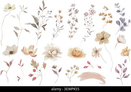 Aquarell Herbst Botanicals Elemente Set, Vektor Hygge Blumen Clip Art, getrocknete Blumen, Zweige, Beeren, pastellfarbene Boho Hochzeit Illustrationen. Vektor. Stock Vektor
