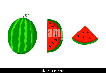 Wassermelonen-Zeichentrickset volle und geschnittene Illustrationen für Aufkleber. Stock Vektor