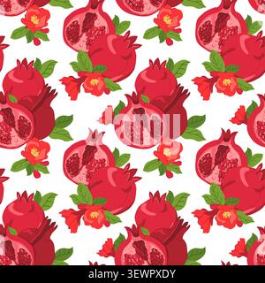 Ein nahtloses Muster aus ganzen Granatäpfeln, Pitchstücken, Blättern und Blumen. Ein flacher Hintergrund mit dieser paradiesischen Frucht. Clipart für Ju Stock Vektor
