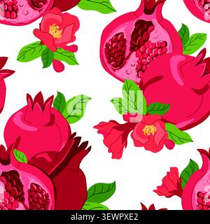 Ein Muster von ganzen Granatäpfeln, Stücken mit Samen, Blättern und Blumen. Nahtloser Vektorhintergrund in einem flachen Stil. Clipart für Saft, Parfüm und c Stock Vektor