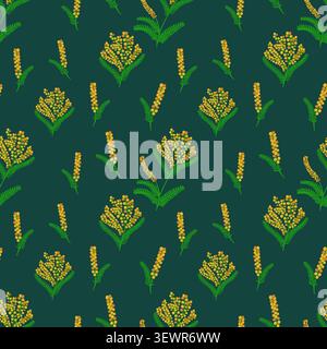 Schönes botanisches nahtloses Muster mit Mimosa Blumen und grünen Blättern auf tiefblauem Hintergrund. Stockfoto