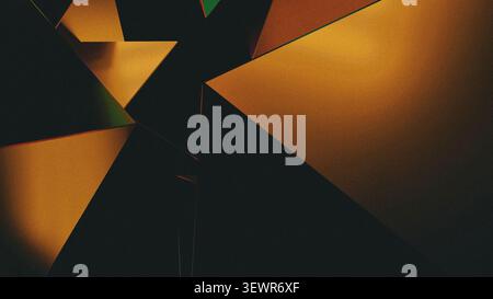 Abstrakter 3D-gerenderter geometrischer Hintergrund mit goldfarbenen und grünen Polygonen. Stockfoto
