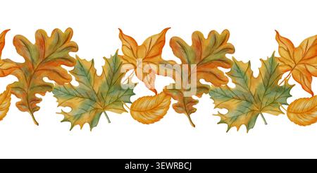 Nahtloser Rand in herbstlichen Aquarellen mit gefallenem Ahorn und Eichenblättern. Traditionelles Symbol des ersten Septembers, Tag des Wissens, zurück zur Schulzeit Stockfoto