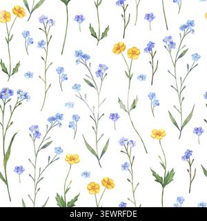 Nahtloses Muster mit wilden Blumen. Vergiss-mich-nichts und Buttercups. Handgemalte botanische Illustration mit Aquarell. Isoliertes Element auf weißem Hintergrund. Für Textilien, stationäre Produkte, Sommer-Branding. Stockfoto